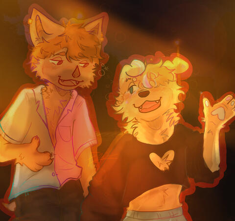 2 characters, shaded Half body + photo background, slightly dynamic poses 2 characters, shaded Half body + photo background, slightly dynamic poses